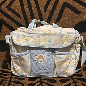 Vintage Teddy Bear Print Diaper Bag - Blue and Cream